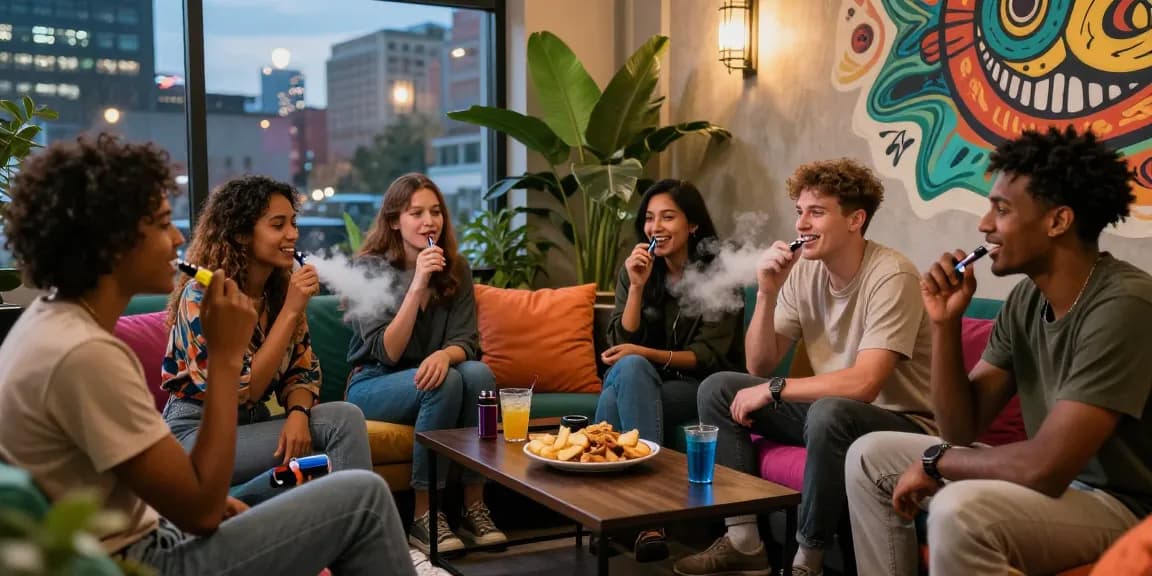 Group enjoying THC vapes in a cozy urban lounge, vibrant atmosphere.