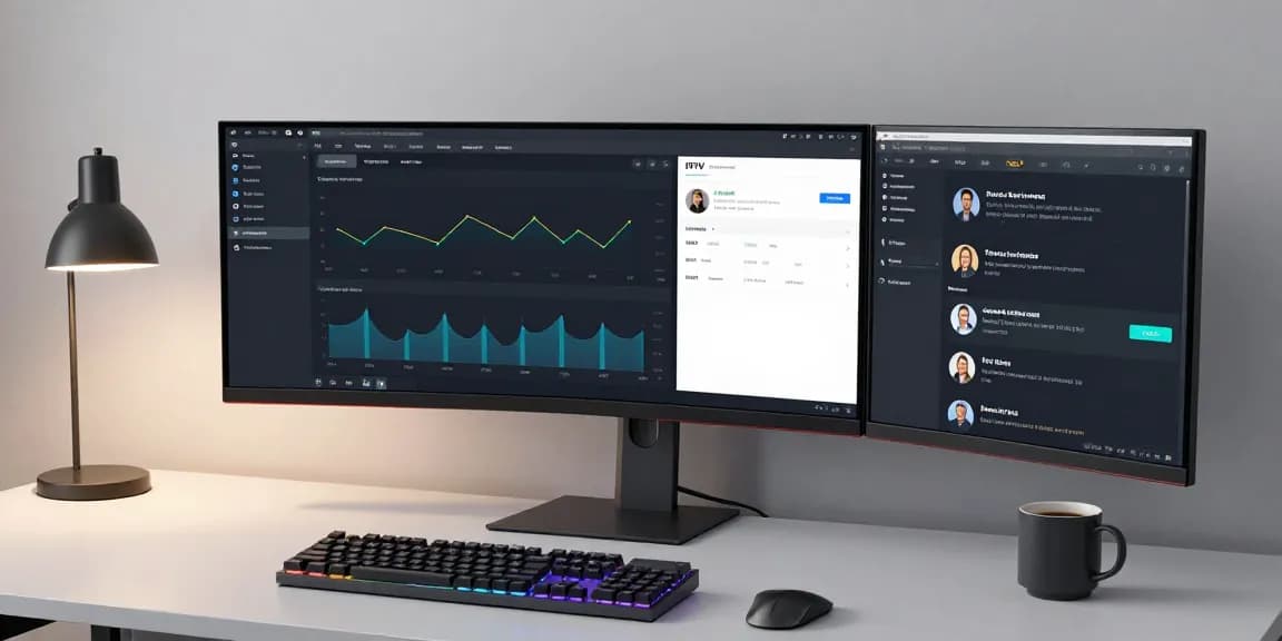 IPTV reseller dashboard software in a modern workspace with cloud computing features and cybersecurity measures.